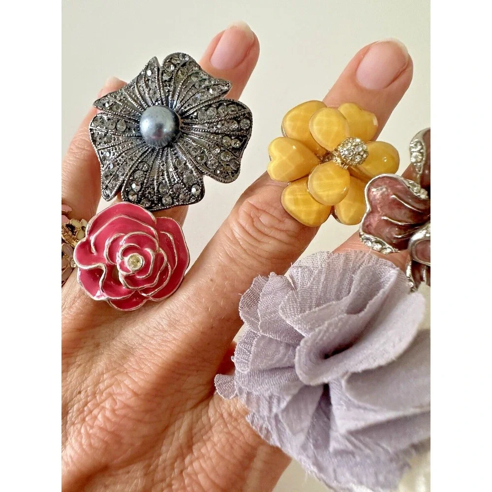 Rings Flowers Lot Crystals Statement Pink Yellow Grey Purple Floral Set of 6 Pc